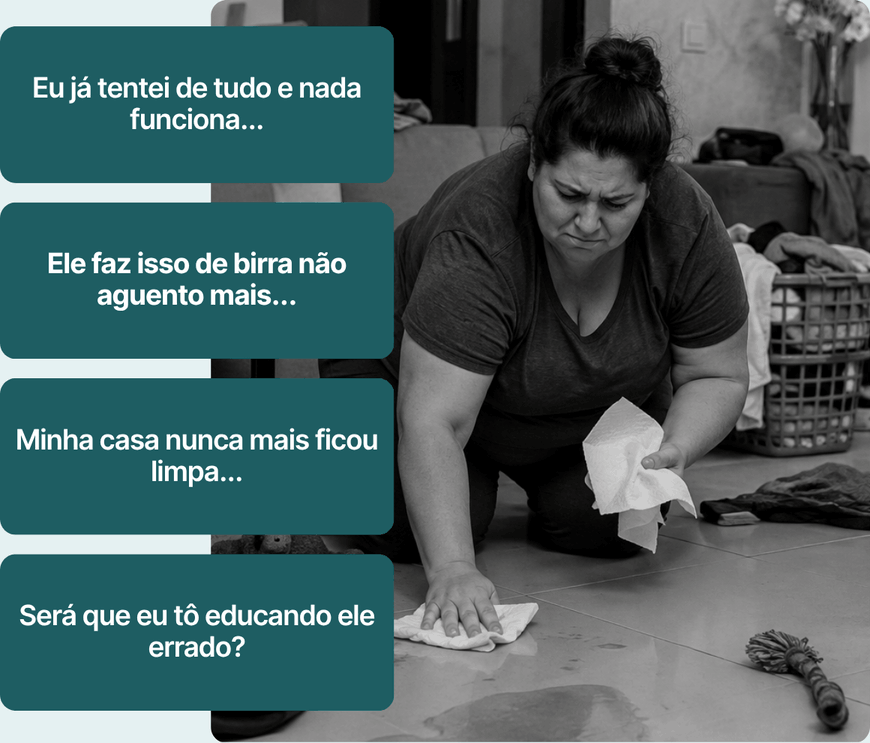 Pensamentos frequentes de tutores: será que estou educando errado, já tentei de tudo, só eu não consigo, ele nunca vai aprender, não aguento mais limpar, minha casa nunca mais ficou limpa