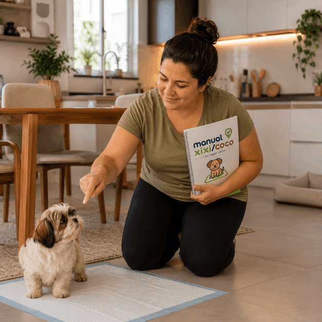 Tutora levando o filhote ao tapete e recompensando